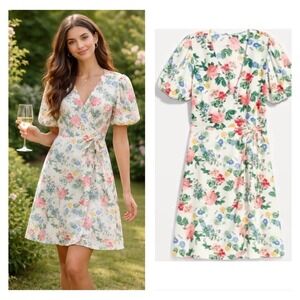 Old Navy Floral Linen Wrap Dress Dress M Cottage Prairie Country Puff Sleeve